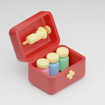 Isometric 3D rendering Covid-19 vaccine bottle and syringe in First aid box wood toy, Vaccination Campaign for Herd immunity Kids protection from pandemic concept design on white background copy space
