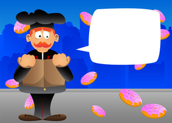 Fat male cartoon chef in uniform reading book and hiding behind it. Vector illustration.