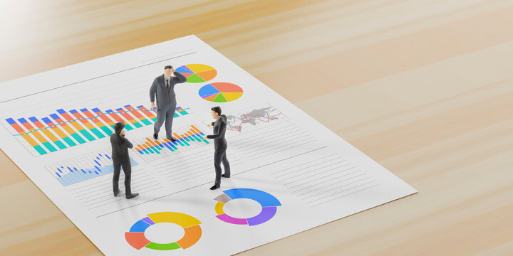 グラフシートの上で話し合うビジネスマン / 成果報告・経営会議・ビジネスコミュニケーションのコンセプトイメージ / 3Dレンダリンググラフィックス