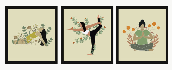 Fototapeta na wymiar Cute yoga poses with flowers vector ilustration,wall arts vector collection.Pattern design for wall framed prints, canvas prints, poster, home decor.