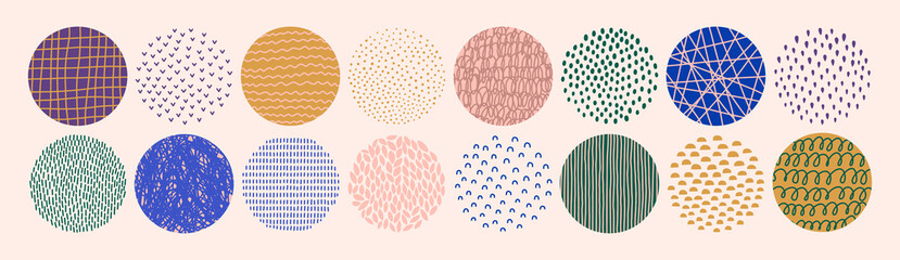 Set of Abstract Circle Textures in a Contemporary Style of Dots, Drops, Strokes, Arcs, Ticks . Vector Geometric Elements - obrazy, fototapety, plakaty