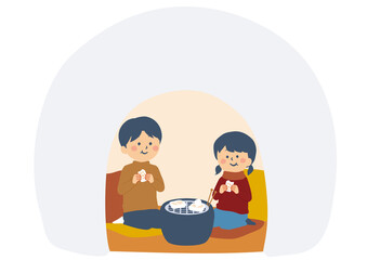 かまくらでお餅を食べる子供たちのイラスト