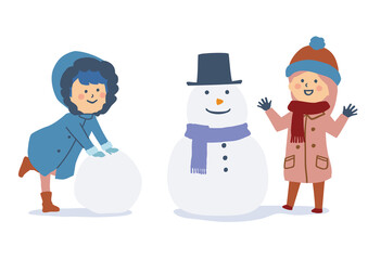 雪だるまを作って遊ぶ子供たちのイラスト