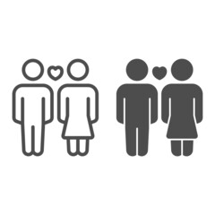 Man and woman heart line and solid icon, dating and relationship concept, couple in love vector sign on white background, outline style icon for mobile concept and web design. Vector graphics.