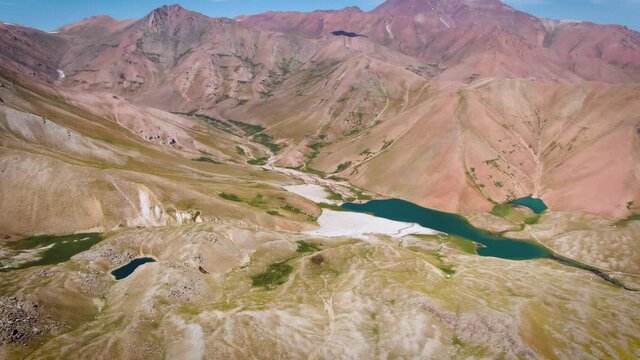 Scenery Of Pools Surrounded By Massif Valleys At Arashan Lakes, Namangan, Ferghana Valley, Uzbekistan. - Aerial Drone