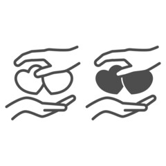 Hands holding two hearts line and solid icon, dating and relationship concept, love gesture vector sign on white background, outline style icon for mobile concept and web design. Vector graphics.