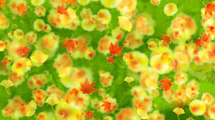 楓とイチョウ　水彩風の緑色の背景