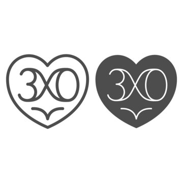 heart with nuber 30 as infinity line and solid icon, love and relationship concept, thirty vector sign on white background, outline style icon for mobile concept and web design. Vector graphics.