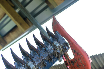 Single-barrel mower on a tractor, Beam mower, agriculture, harvesting, machinery. selective focus