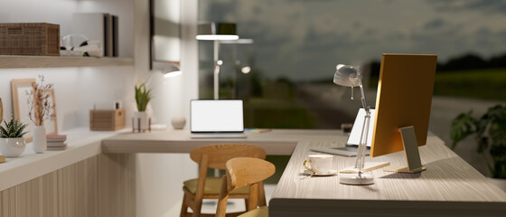 Modern workplace in stylish house with two laptop mockup and computer, 3d rendering