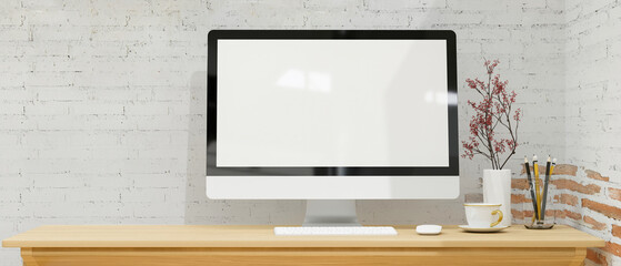 Simple workspace with modern desktop computer mockup in white brick wall, 3d rendering