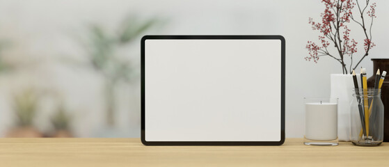 Mock up of digital tablet blank screen template stand on wooden tabletop, 3d rendering