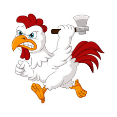 Cartoon angry rooster holding an axe
