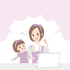 パソコンを見ながら笑顔で話す親子