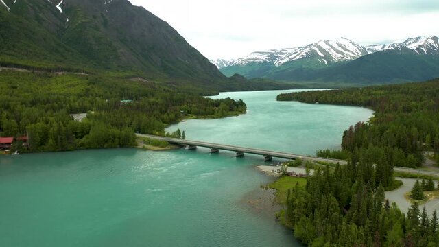 Beautiful aerial footage of blue water of Kenai River in Cooper's Landing, Alaska
