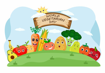 World Vegetarian Day Cute Cartoon Vector Illustration of Various Types of Vegetables or Fruits Such as Broccoli, Carrots, Tomatoes and Others for Maintain Health