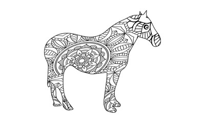 Hand drawn horse. Sketch for anti-stress adult coloring book in zen-tangle style. Vector illustration for coloring page.