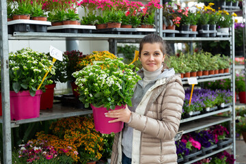 Fototapeta na wymiar Portrait of woman chooses flowers in flower shop. High quality photo
