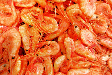 lots of red shrimp. a dish of fresh seafood. a natural source of protein. less meat consumption. selective focus