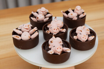 Happy cute pink pigs candies playing in the mud
