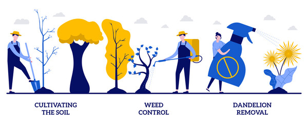 Cultivating the soil, weed control, dandelion removal concept with tiny people. Garden protection vector illustration set. Gardening maintenance, spray chemicals, lawn care service metaphor - obrazy, fototapety, plakaty