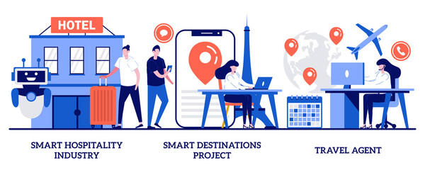 Smart hospitality industry, smart destinations project, travel agent service concept with tiny people. Abroad trip planning abstract vector illustration set. Booking hotel and tickets online metaphor - obrazy, fototapety, plakaty