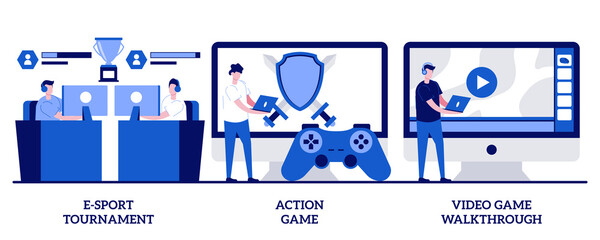E-sport-tournament, action game, video game walkthrough concept with tiny people. Cyber sport professional competition abstract vector illustration set. Internet and computer games streaming metaphor