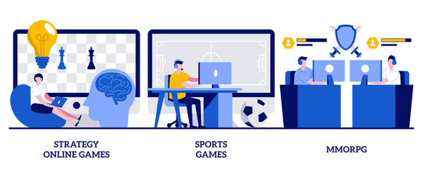 Strategy online games, sports games, MMORPG concept with tiny people. Internet and video gamers streaming vector illustration set. Cybersport tournament, modern entertainment and pastime metaphor