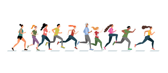 A group of athletes running. Isolated on white