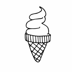 Ice cream in a waffle cone. Black and white vector doodle. Simple isolated.