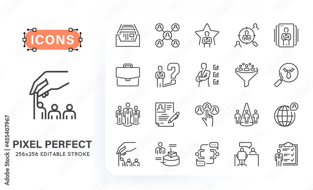 Wall mural Set of headhunting related line icons. Contains such icons as index card, candidate, portfolio, target and more. 256x256 pixel perfect. Editable stroke.