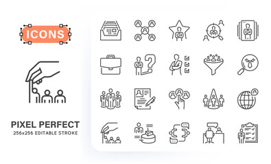 Set of headhunting related line icons. Contains such icons as index card, candidate, portfolio, target and more. 256x256 pixel perfect. Editable stroke.