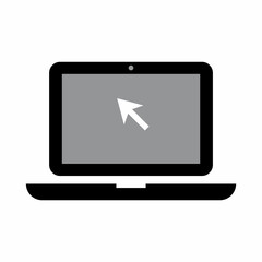 Laptop with cursor icon on grey backdrop. Computer mouse click. Pointer arrow symbol. Vector illustration. Stock image.