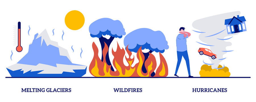 Melting Glaciers, Wildfires, Hurricanes Concept With Tiny People. Natural Disaster Abstract Vector Illustration Set. Raising Sea Level, Global Warming, Forest Fires, Tropical Storm Metaphor