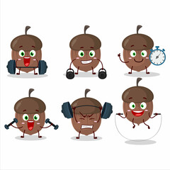A healthy acorn cartoon style trying some tools on Fitness center