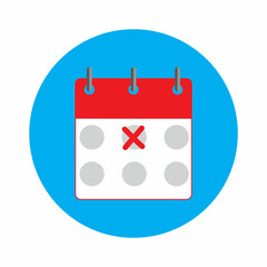 Red planner calendar with cross in blue circle. Planner template icon. Business concept. Vector illustration. Stock image. 