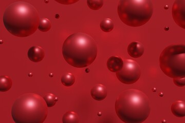 3d render of flying red christmas spheres on a red background
