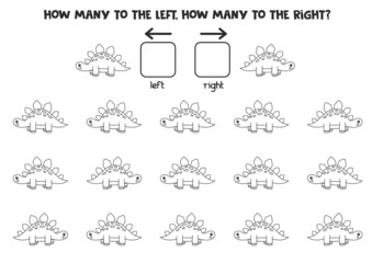 Left or right with black and white dinosaur. Logical worksheet for preschoolers. © Milya Shaykh