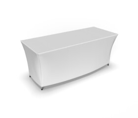 White blank exhibition table cloth running isolated on white background, perspective view for mockup. 3d render illustration