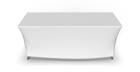 White table cloth box fit stitched exhibition adjustable runner isolated on white background. 3D render illustration. Front Perspective View.