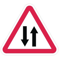 Two way traffic road sign. Picture of triangle two-way sign with red border. Vector illustration of triangular traffic sign for two way isolated on white background.
