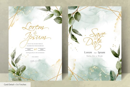 Set of Greenery Wedding Invitation with hexagon foliage frame