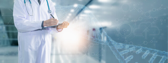 Doctor or scientist record data,with smart visual interface screen,information molecule,DNA helix structure,virus,stem cells,cell sample,concept healthcare,medical,science,technology,biology