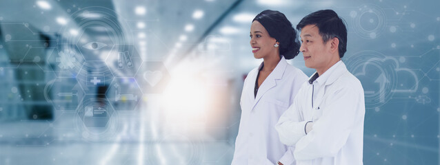 Two doctor looking medical sscreen icon,report information,concept emergency treatment,medical...