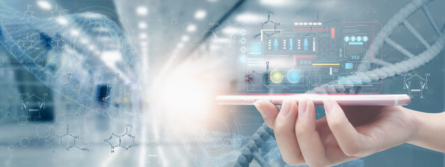 Woman doctor or scientist holding futuristic smartphone device analysis DNA structure molecule chain,medical and genetics,science biotechnology ,cancer,human cell in laboratory of biochemistry