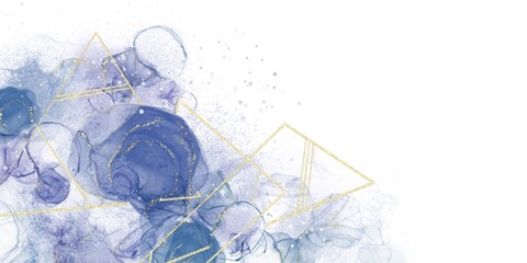 アルコールインクアートの抽象背景）青い流動体とゴールドの幾何学模様　コピースペース　白背景　バナー