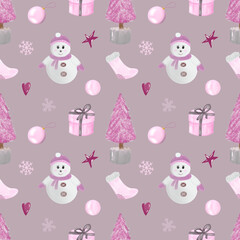Seamless pattern in pink colors for Christmas and New Year. 
