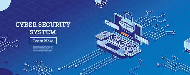 Isometric Cyber Security Concept. Data Protection. Notebook with Credit Card, Smartphone and Lock.