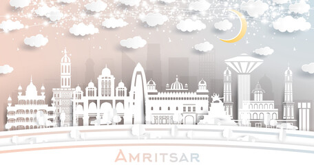 Amritsar India City Skyline in Paper Cut Style with White Buildings, Moon and Neon Garland.