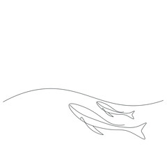 Whales swimmin on sea line drawing vector illustration